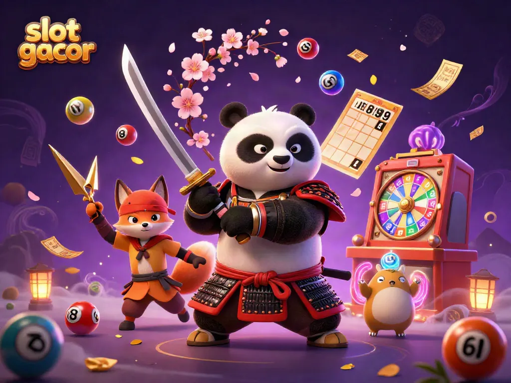 Experience the action of slot gacor with a fierce samurai panda and ninja fox in a vibrant casino scene.