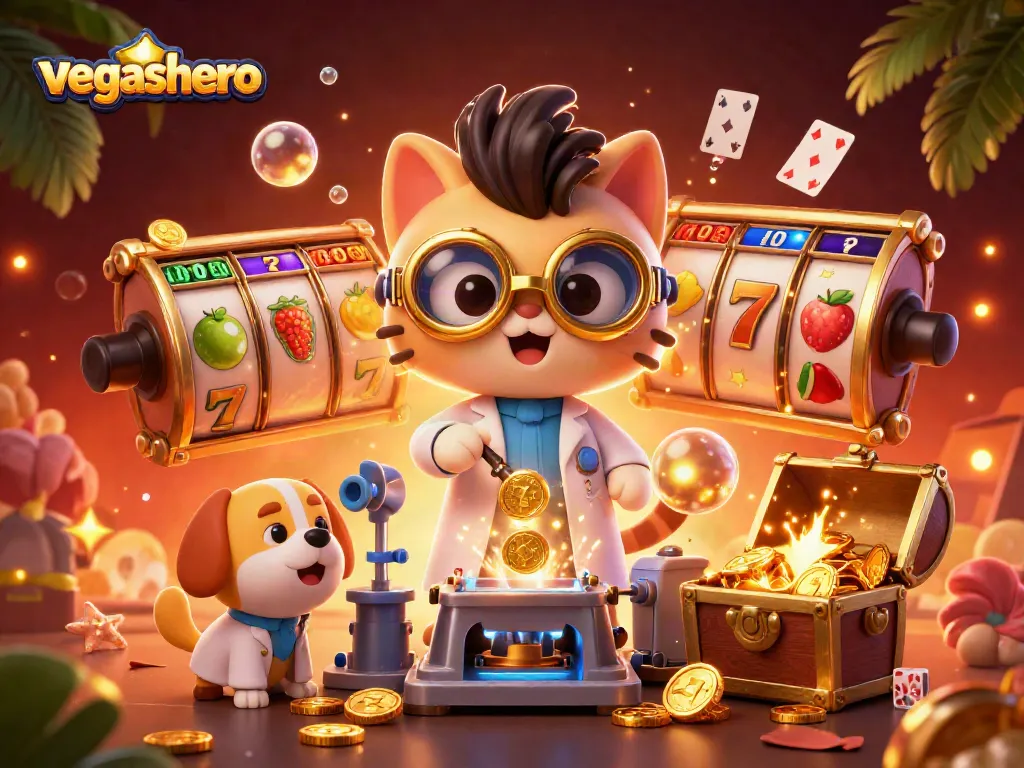Experience the thrill of vegashero with our cartoon scientists amidst exciting slots and golden treasures.