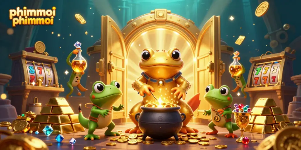 Engage with phimmoi net phimmoi in this 3D rendering of a magical alchemist scene filled with gold coins and vibrant gaming elements.