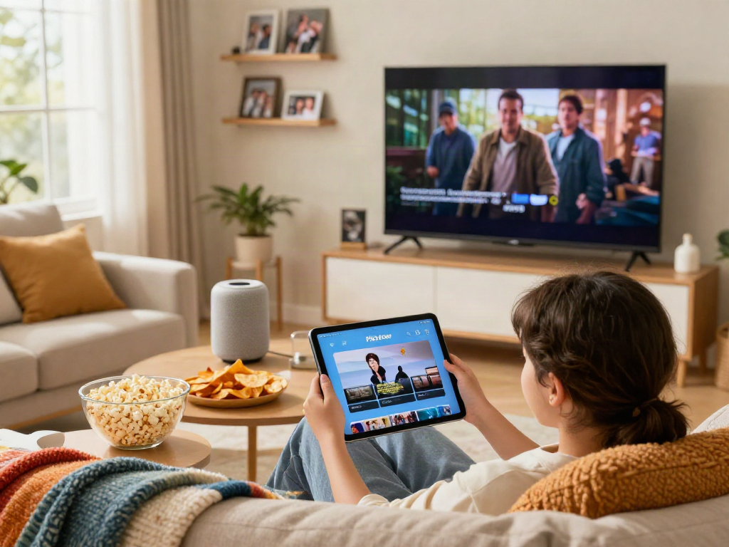 Pikashow Pro streaming setup in a cozy living room with snacks and a family watching movies on a tablet.