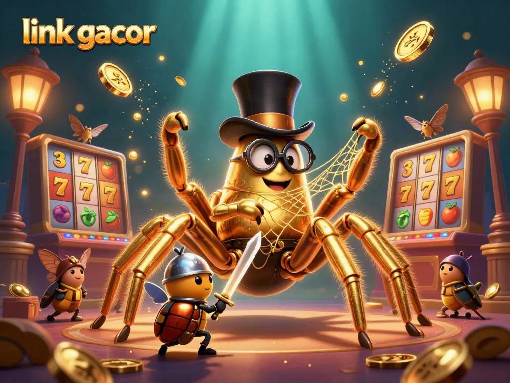 Experience the excitement of link gacor with a dynamic scene of a golden tarantula and casino-themed characters.
