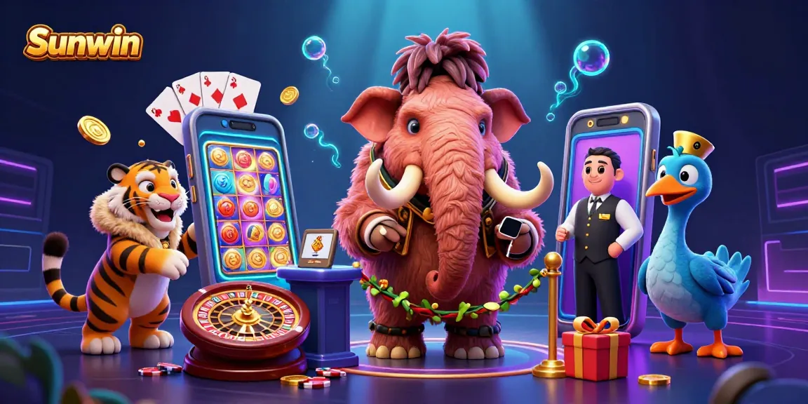 Experience the thrill of Sunwin with a vibrant 3D scene featuring casino characters and dynamic gaming elements.
